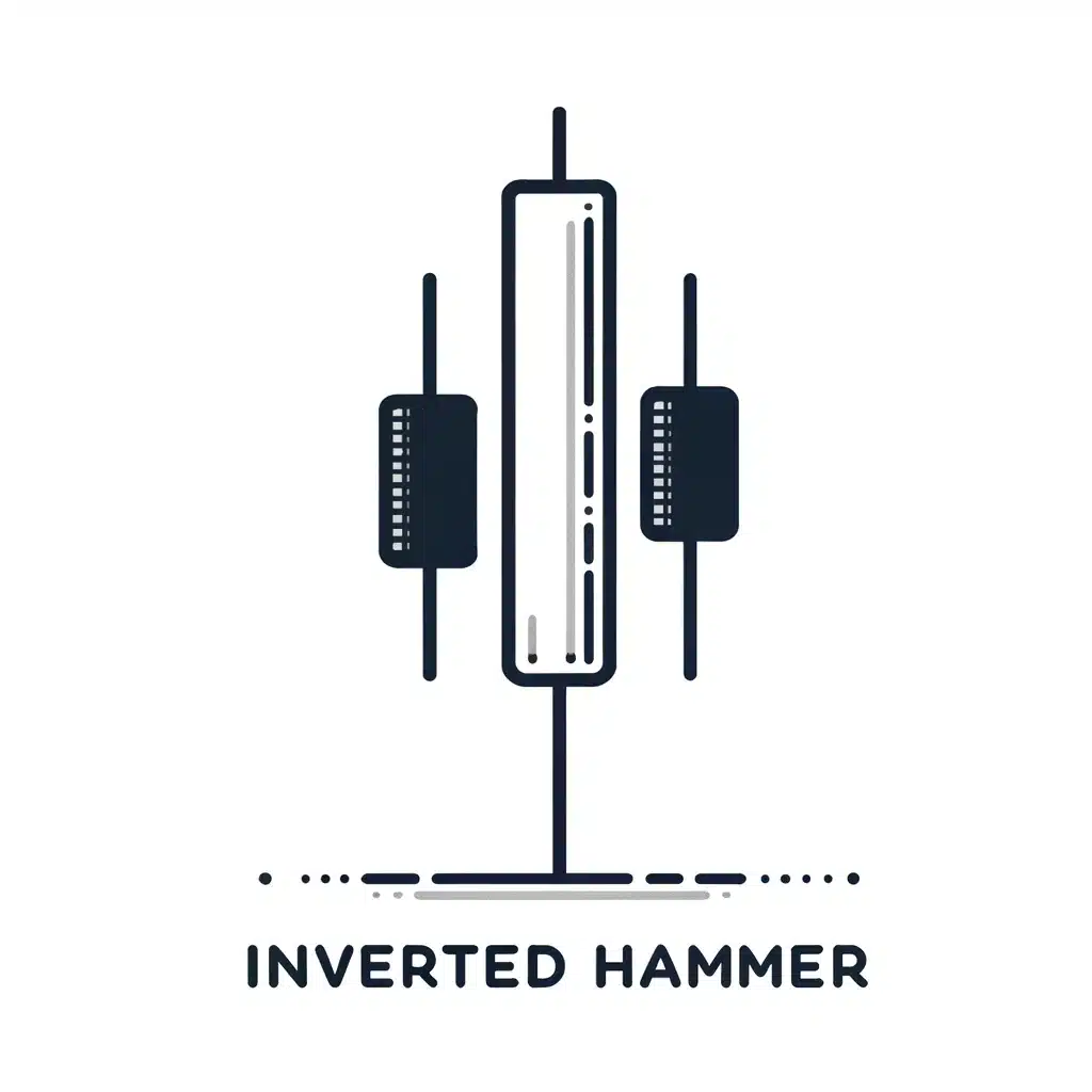 An illustration of an Inverted Hammer candlestick pattern. The pattern should have a small body at the bottom with a long upper wick and no lower wick, appearing in a downtrend. The illustration should be simple, clear, and labeled 'Inverted Hammer'.