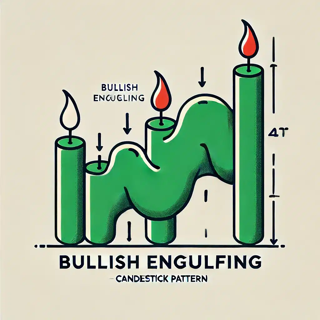 An illustration of a Bullish Engulfing candlestick pattern. The pattern should show a large green candle completely engulfing a small red candle from the previous period. The illustration should be simple, clear, and labeled 'Bullish Engulfing'.