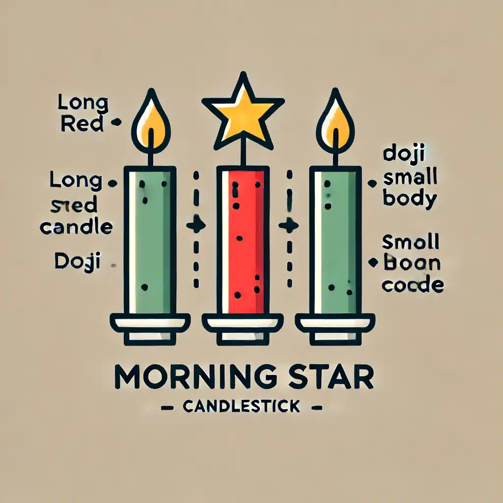 An illustration of a Morning Star candlestick pattern. The pattern should show three candles: a long red candle, a small candle (either Doji or small body), and a long green candle. The illustration should be simple, clear, and labeled 'Morning Star'.