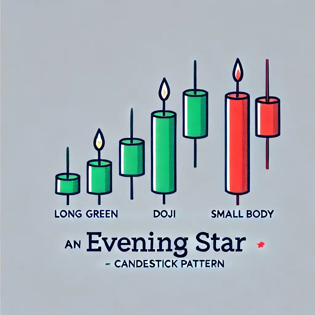 An illustration of an Evening Star candlestick pattern. The pattern should show three candles: a long green candle, a small candle (either Doji or small body), and a long red candle. The illustration should be simple, clear, and labeled 'Evening Star'.