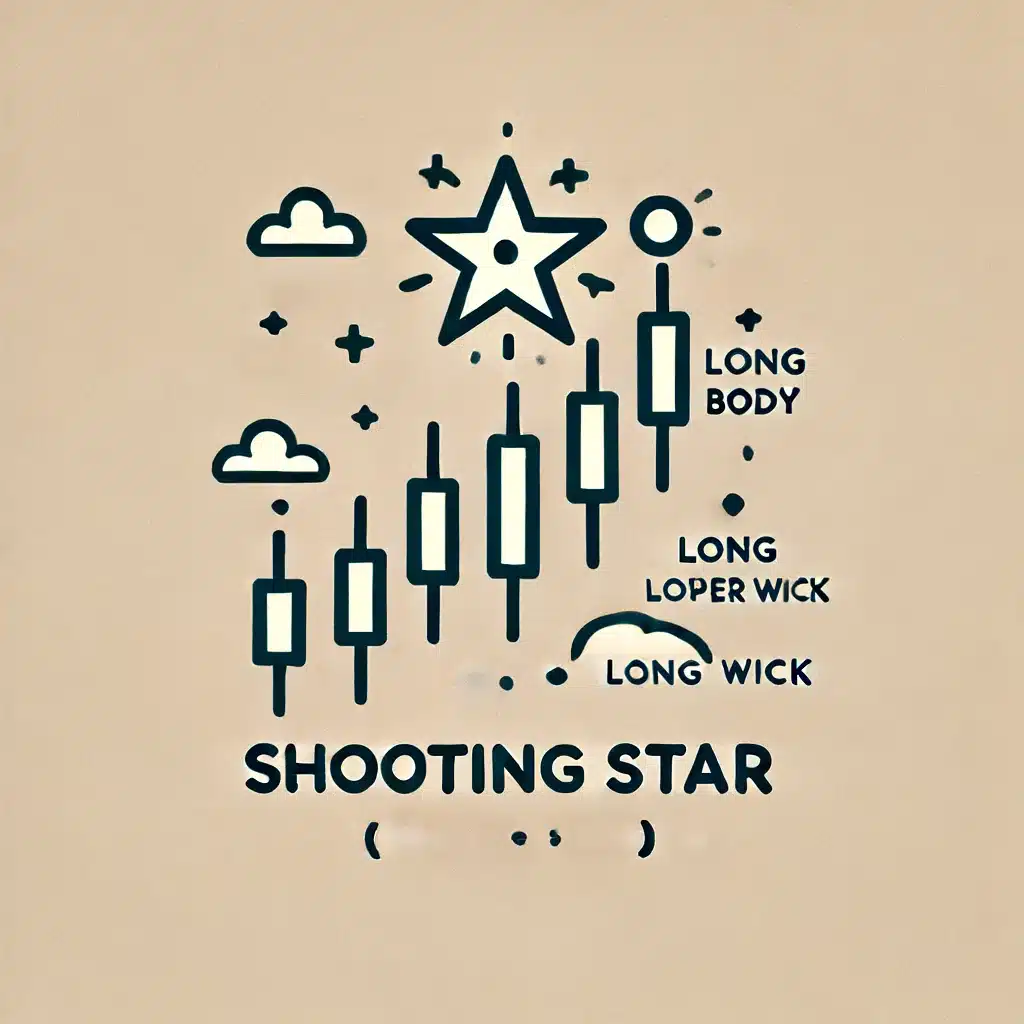 An illustration of a Shooting Star candlestick pattern. The pattern should have a small body at the bottom with a long upper wick and no lower wick, appearing in an uptrend. The illustration should be simple, clear, and labeled 'Shooting Star'.