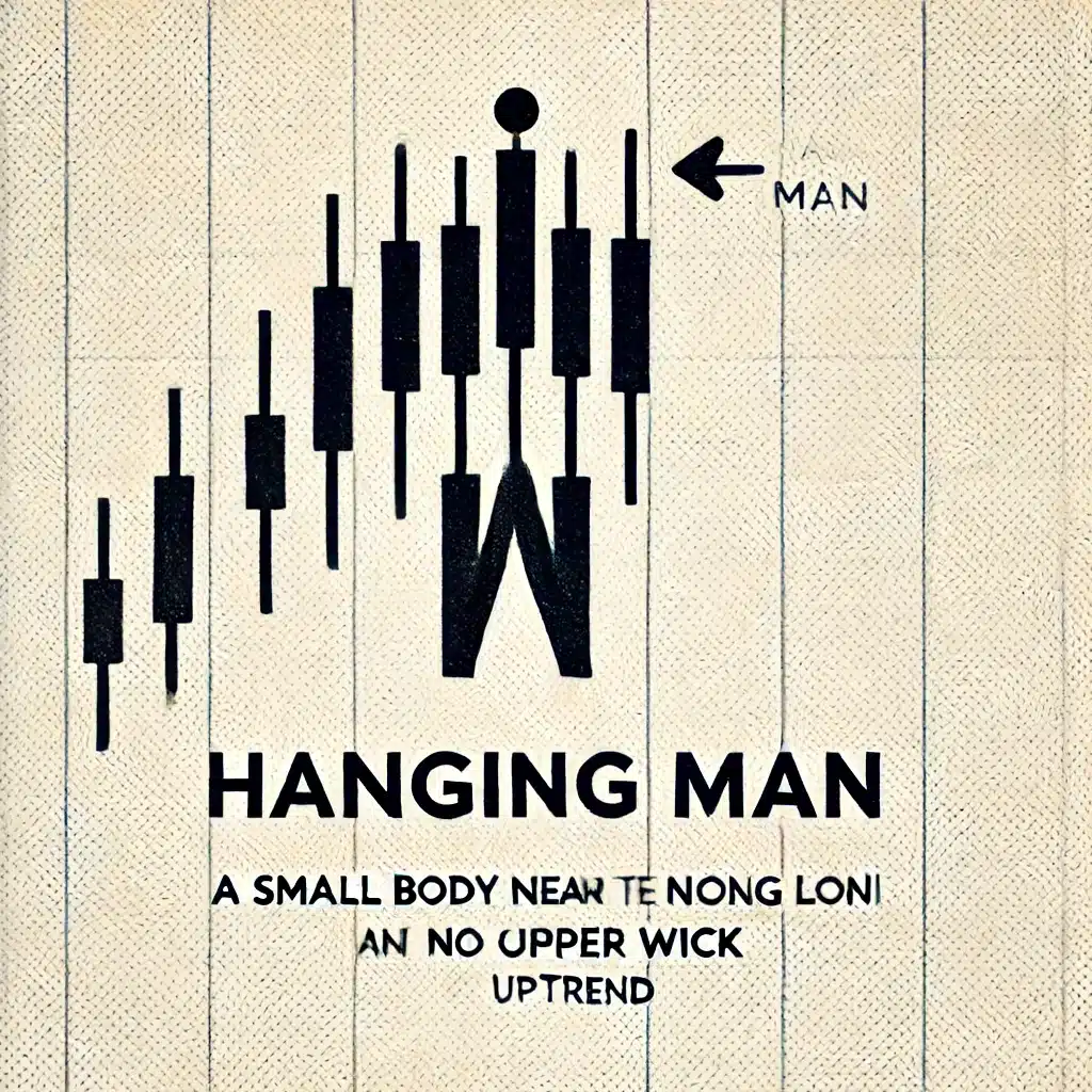 An illustration of a Hanging Man candlestick pattern. The Hanging Man should have a small body near the top with a long lower wick and no upper wick, appearing in an uptrend. The illustration should be simple, clear, and labeled 'Hanging Man'.