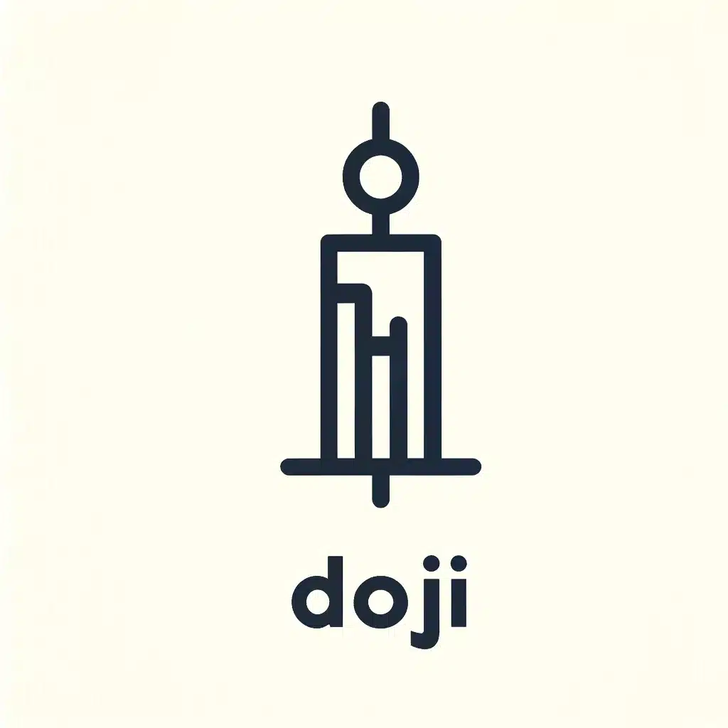 An illustration of a Doji candlestick pattern. The Doji should have a very small body, almost like a horizontal line, with long upper and lower wicks. The illustration should be simple, clear, and labeled 'Doji'.
